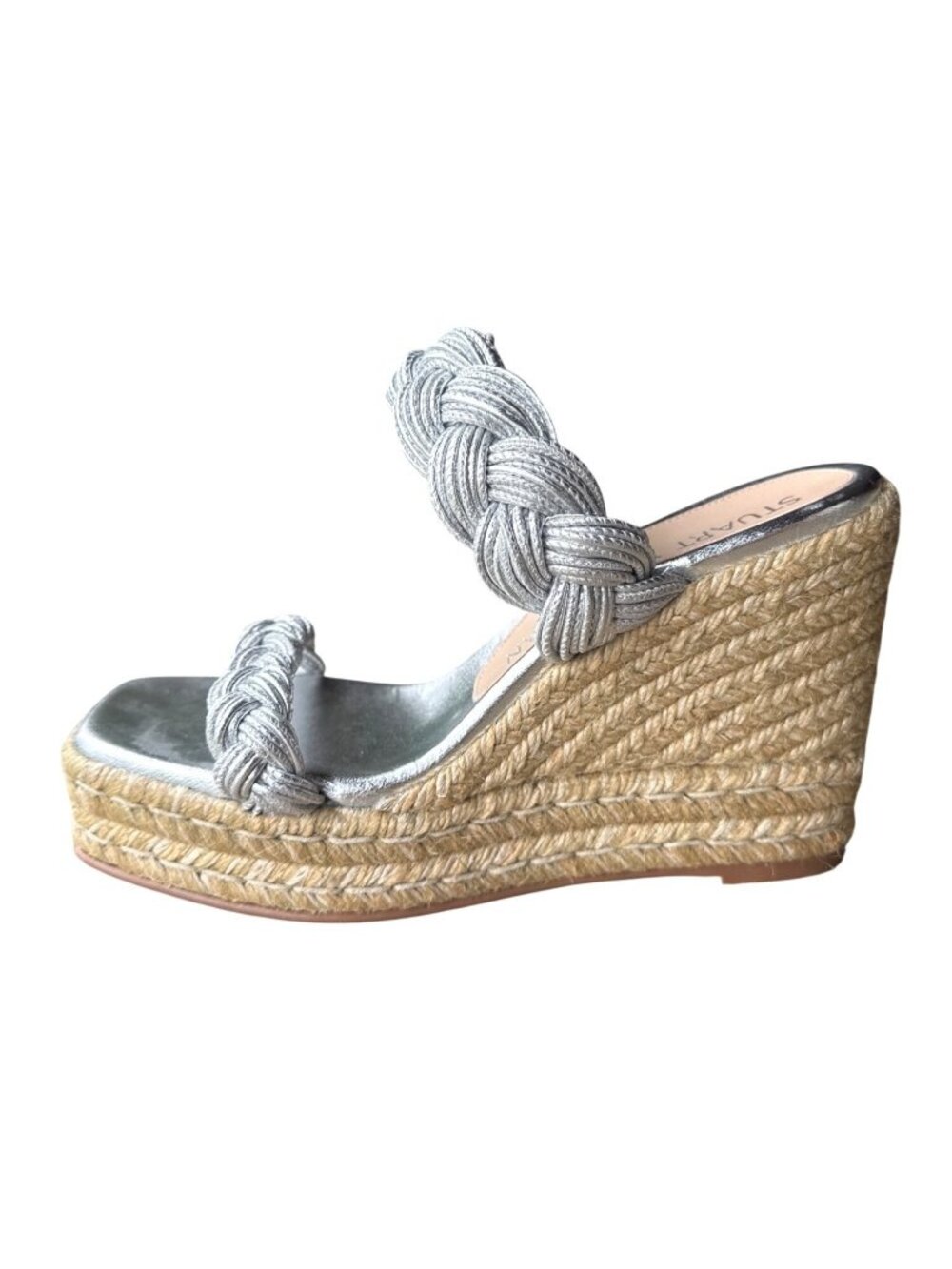 Stuart Weitzman Silver Braided Rope Strap Espadrille Wedge Sandals Sz 8 Spain